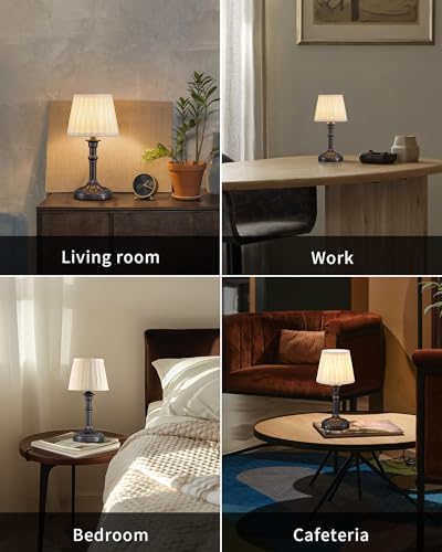 KDG Mottled Silver Cordless Table Lamps Set of 2, Beige Fabric Shade Light