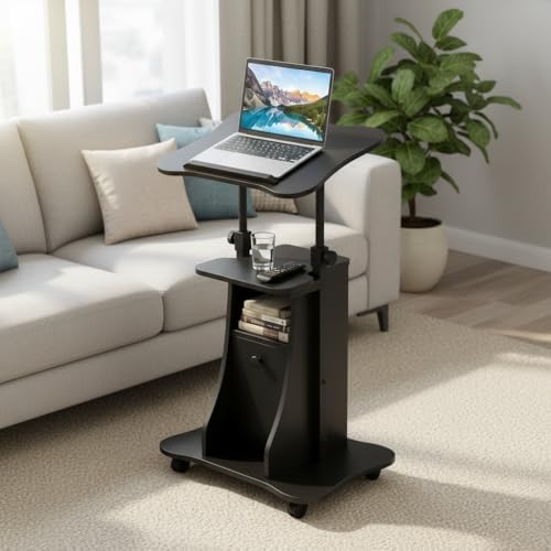 Tangkula Rolling Lectern Podium Stand, Height Adjustable Laptop Table with Tilting Tabletop & Storage Shelves, Compact Standing Desk with Lockable Casters for Home Office School (Black)