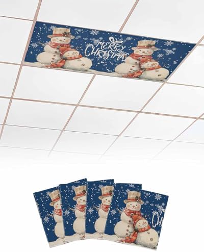 Christmas Snowman Magnetic Fluorescent Light Covers for Ceiling Lights 2 x 4 Feet,Vintage Snowflakes Watercolor Blue Office Classroom Kitchen Drop Ceiling Light Covers Filters Shade Panel 4 Packs
