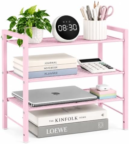 Desktop Shelf Organizer, 3-Tier Office Storage Rack, Adjustable Metal Bookshelf for Top of Desk, Pink Desk Organizer for Office, Home, Dorm and Small Spaces (Pink)