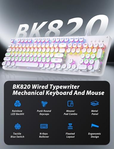Typewriter Mechanical Gaming Keyboard and Mouse, Metal Panel Retro Keyboards with Round Keycap Blue Switch, Rainbow LED Backlit 104-Key Anti-Ghost Wired Mouse and Pad Combo for PC Laptop Mac Gamer