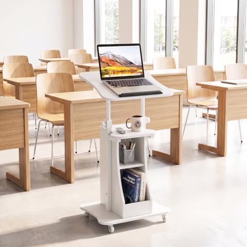 Tangkula Mobile Lectern Podium, Height Adjustable Podium Stand, Standing Sit-to-Stand Desk, Rolling Cart Laptop Desk with Swivel Top Movable Wheels & Storage