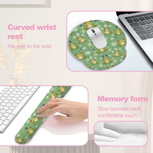 Funny Frog Butterfly Flower Mouse Pad with Wrist Rest Set, 3-in-1 Wrist Support Mousepad Set, Gaming Mat Pad with Anti-Skid Base,Ergonomic Memory Foam Mouse Pad Set for Women, Office, Typing, Gaming