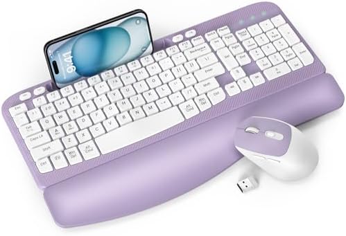 Wireless Keyboard and Mouse Combo, Full-Sized Ergonomic Wave Keys Keyboard with Memory Foam Wrist Rest & Phone Holder, 2.4G Quiet Keyboard Mouse Work Setup for PC Laptop, Office or Home (Purple)