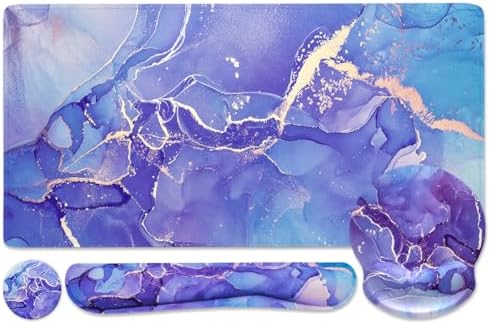 4-in-1 Gaming Mouse Pad Wrist Support Set，Desk Pad + Mouse Pad with Wrist Rest + Keyboard Wrist Rest + Coaster, Ergonomic Design for Home Office Study Game - Purple Marble