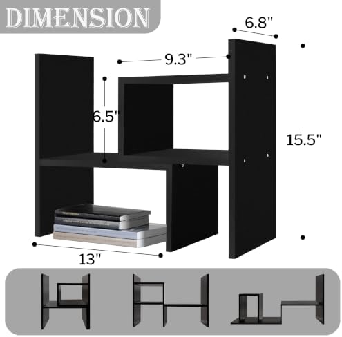 MASAKA B&W - Desk Organizer Aesthetic Shelf, Desktop Bookshelf, Double H Plants Display Shelf, Storage Rack Adjustable Stackable for Office Home Dorm - Perfect for Books, Plants & Decor (Black)