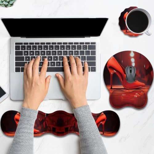 Ergonomic Keyboard Wrist Rest & Mouse Wrist Support Set with Lace Coaster, Gel Memory Foam Anti-Slip Base, Pain Relief for Typing, Red High Heels