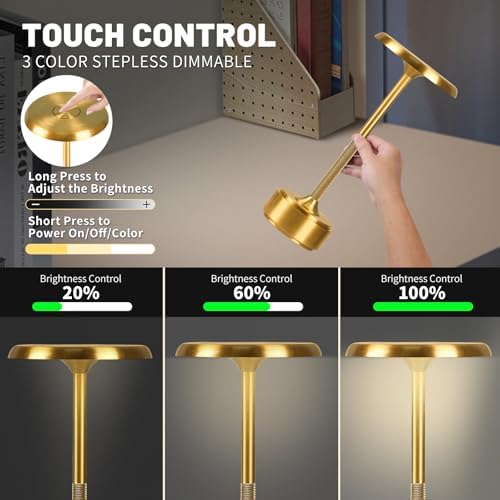 Cordless Rechargeable Modern Metal Table Lamp, Touch Dimming, 3-Color