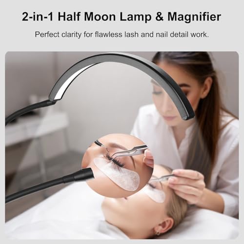 Half Moon Desk Lash Light with 4X Magnifier, 2-in-1 Dual Arm Gooseneck Clamp Lamp for Eyelash Extension, Shadow-Free Esthetician Light, Adjustable Color & Brightness for Tattoo, Sewing, Crafts