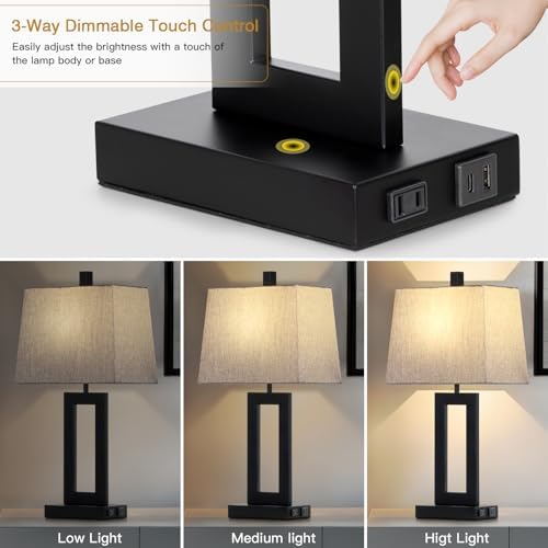 Cinkeda Bedside Table Lamp Set of 2,Nightstand Touch Lamps with USB Port