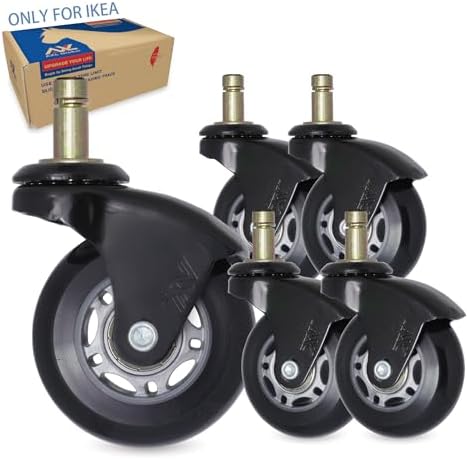 IKEA Chair Caster Wheels Replacement, 10mm Stem, 2.5 Inch Rollerblade Casters with Gap-Free Bracket for Safe Barefoot Rolling, Quiet & Floor-Safe, Pack of 5 (Black, Grey/Black)
