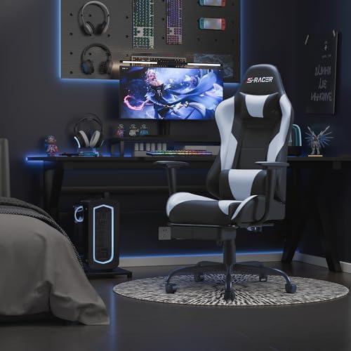 Homall Gaming Chairs, Computer Chair with Footrest and Massage Lumbar Support, Height Adjustable Game Chair with Headrest and Swivel Seat (White)