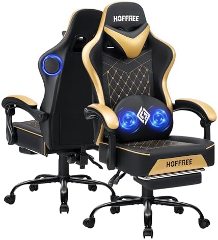 HOFFREE Gaming Chair with Speakers Massage Computer Chairs for Adults-Gold