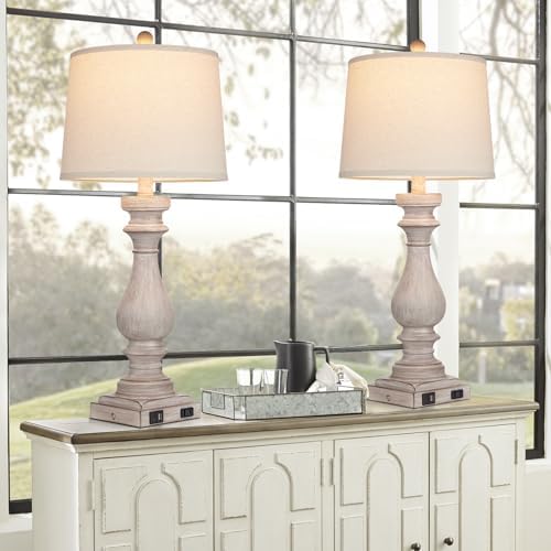 Cinkeda 29" Tall Table Lamp for Living Room Set of 2,Vintage Bedside Nightstand Lamps with USB C+A Ports & AC Outlet,3-Way Dimmable Touch Control Desk Lamp for Bedroom,Color 2