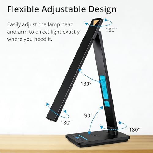Desk Lamp with Wireless Charger, USB Charging Port, Smart Display Clock, Adjustable Brightness and Color Temperature, Touch Control Desk Light for Office and Bedroom