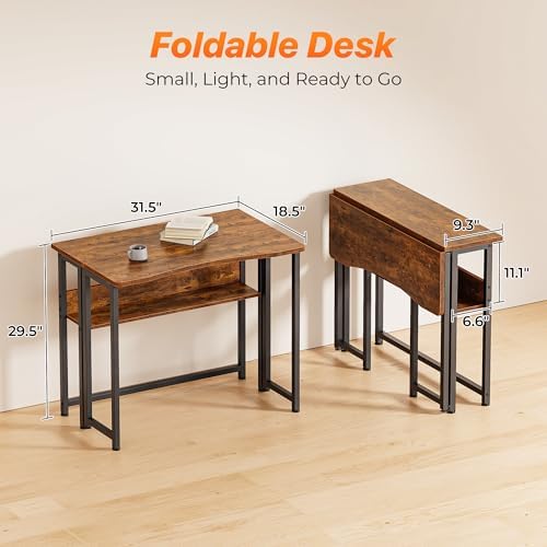 Huuger Folding Desk with Storage Shelf, 31.5 Inch Foldable Computer Table