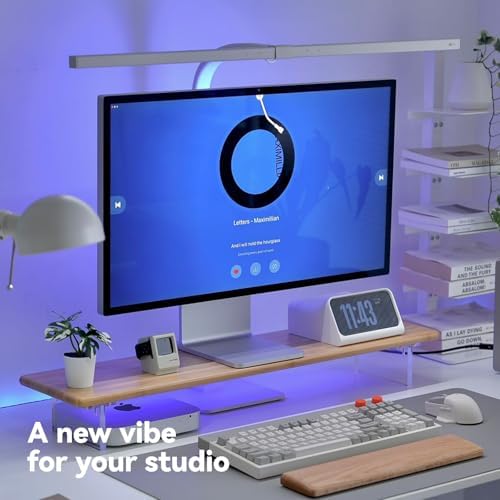 Bamboo Monitor Stand, Desk Shelf with Acrylic Legs and RGB Lights