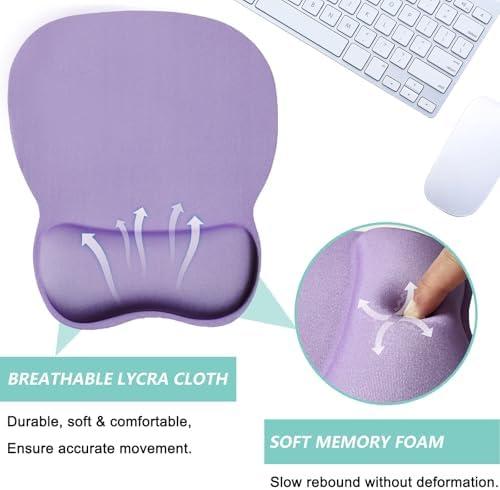 Mouse Pad with Wrist Support, Ergonomic Mousepad with Comfortable Memory Foam Wrist Rest Cushion, Relieve Wrist Pain, Non-Slip Rubber Base Gaming Mice Pad for Home Office Computer Laptop, Purple