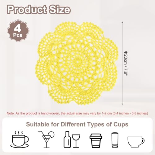 uxcell 4 Pcs Crochet Handmade Cotton Placemat Doilies for Table 7.9" Yellow