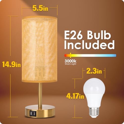 Yarra-Decor Bedside Lamp with USB Port - Touch Control Table Lamp for Bedroom Wood 3 Way Dimmable Nightstand Lamp with Round Flaxen Fabric Shade for Home Office (LED Bulb Included) (Y - NET)
