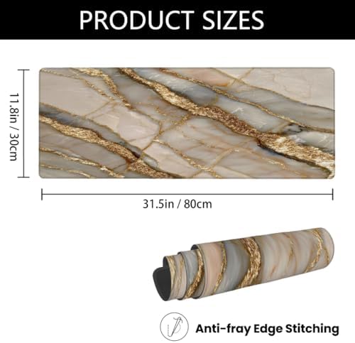 Large Mouse Pad Non-Slip Rubber Beige Marble Gold Long Gaming Desk Mat Big Computer Keyboard Mousepad Waterproof Protector Wristing Pad for Gaming Office Home Decorative 31.5 X 11.8 Inch