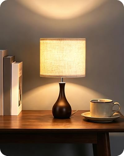 Small Table Lamp, 14.2" Cute Little Desk Lamp, Wood Bedside Lamp with Linen Lampshade, Modern Nightstand Lamp for Bedroom, E26 Base, Bulb Not Included, Beige & Dark Walnut STE09TL05
