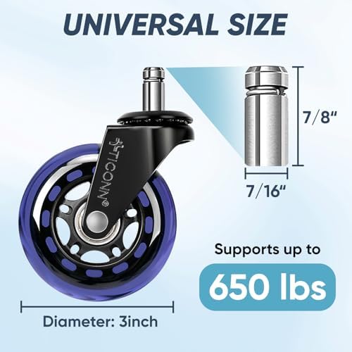 TICONN Office Chair Wheels, 3" Caster Wheels for Tile Carpets, Set of 5