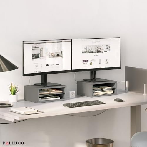 Ballucci File Organizer, 2-Tier Document Paper Sorter, Stackable Wood Desk Organizer Mail Holder, Monitor Stand with Storage Shelves, Gray
