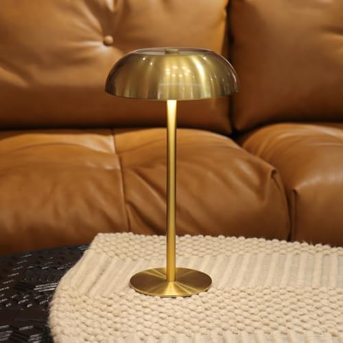 Cordless 11" Mushroom Table Lamp with Dimmable 3 Color, 5200mAh, Gold