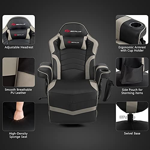 POWERSTONE Gaming Recliner, PU Massage Gaming Chair with Footrest, Cup Holder, Headrest and Side Pouch, Adjustable Single Sofa Living Room Chair(Gray)