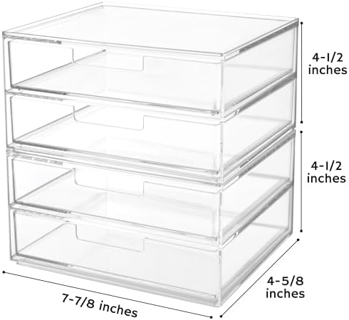 STORi Stackable Desk Drawer Organizer, Clear Pen Pencil Makeup Brush Holder for Desktops and Vanities, 4 Wide Drawers (Made in USA)