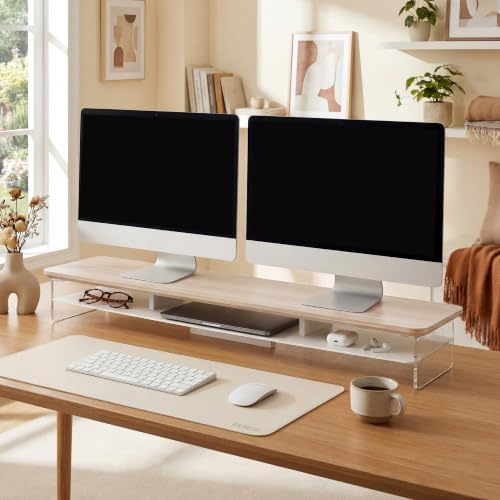 Fenge 42.5" Dual Monitor Stand with Clear Acrylic Legs, Oak