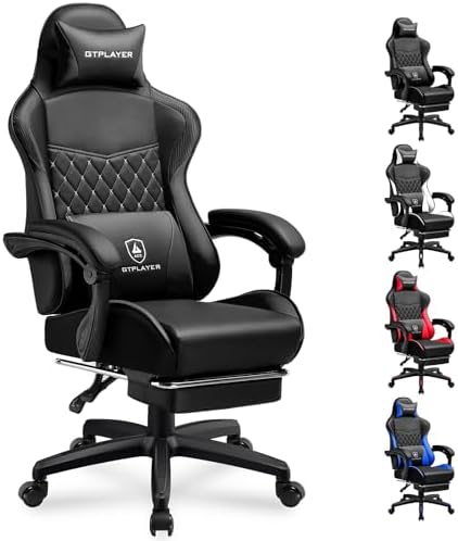 GTPLAYER Gaming Chair, High Back Leather Computer Gaming Chair with Footrest, Ergonomic Height Adjustable Office Chair with Removable Cover and Lumbar Support for Gaming & Work,Black