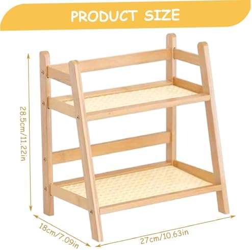 Desktop Organizer, Desk Organizer Shelf, 10.6x7.1x11.2 Inch 2 Tier Rattan Wood Desktop, Flower Pot Stand for Office, Home