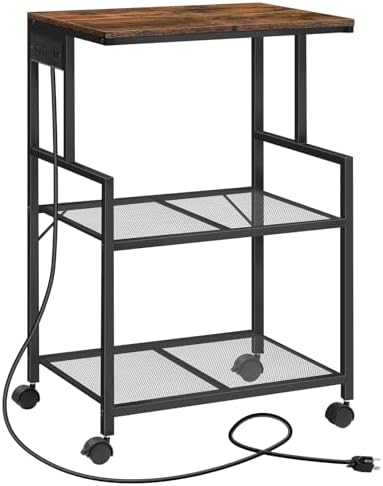 MAHANCRIS Mobile Printer Stand, 3-Tier Industrial Printer Cart with Power Outlets and 2 USB Ports, Rolling Printer Table on Wheels for Home Offices Kitchen Organization Rack, Rustic Brown PTHR78E01