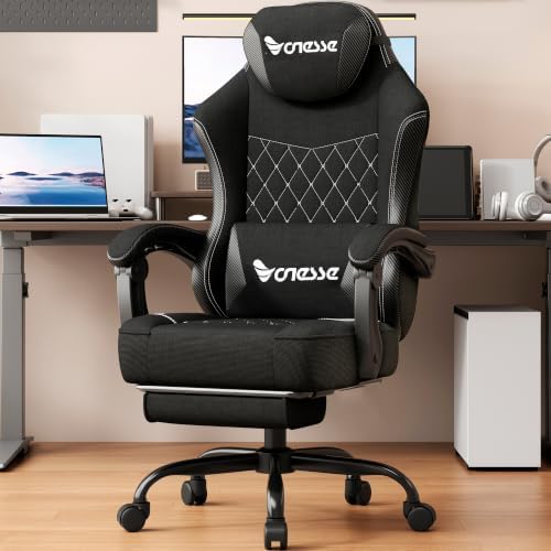 Vonesse Gaming Chair, Desk Chair with Linen Breathable Mesh Fabric, Office Chair with Adjustable Lumbar Support, Computer Chairs with Footrest and Headrest (Black)