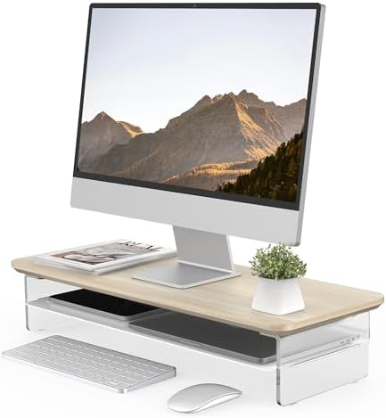 Fenge 23.6" Monitor Stand with Clear Acrylic Legs, Oak