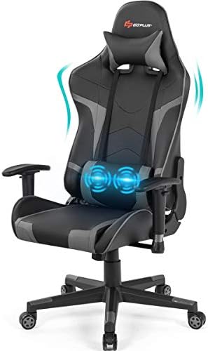 POWERSTONE Gaming Chair - Office Computer Gaming Racing Chair with Lumbar Massager Support PU Leather Adjustable Arms Headrest High-Back Recliner Ergonomic Rolling Swivel (Grey)