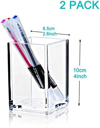 2 Pack Clear Acrylic Pencil Pen Holder Cup,Desk Accessories Holder,Makeup Brush Storage Organizer,Modern Design Desktop Stationery Organizer for Office School Home Supplies,2.6x 2.6x 4 inches
