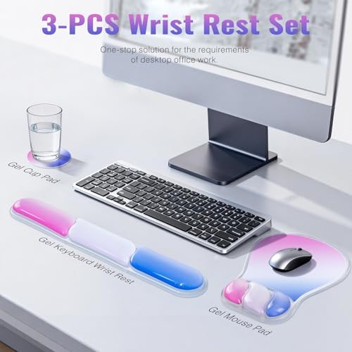 Ospelelf Mouse Pad with Wrist Rest Set Gel Ergonomic Keyboard Wrist Support Anti-Slip Rubber Bottom Office Women Desk Accessories for Computer, Laptop and Gaming, Pink and Blue