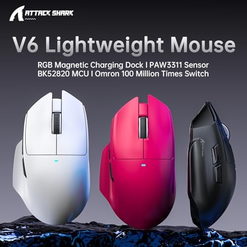 ATTACK SHARK V6 Wireless Gaming Mouse with RGB Charging Dock, 25K DPI PAW3311 Sensor, 1K Polling Tri-Mode Ergonomic PC Mice, 5 Programmable Bottons, Cloud-Based AI Driver for Win/Mac,White