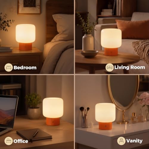 VOLISUN Mushroom Lamp, Cordless Rechargeable Table Lamp with Glass Shade, 3 Color Temperatures & Stepless Dimming, 5200mAh, Touch Control Bedside Lamps for Living Room, Bedroom, 1 Pack (Orange)