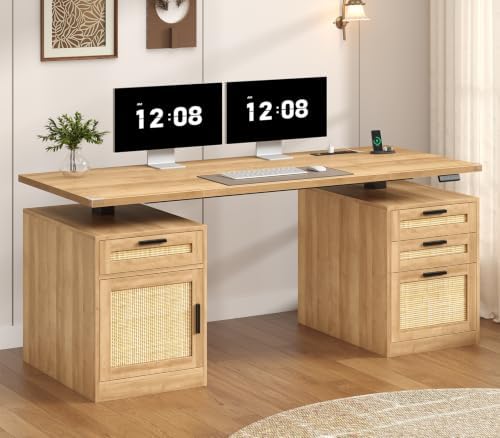 60" Rattan Electric Standing Desk with Drawers for Home Office, Oak