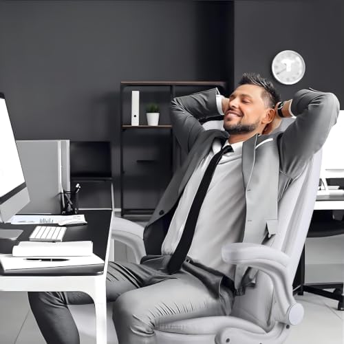 Ergonomic Office Chair with Flip-up Armrests, Big and Tall Leather Executive Office Chair, High Back Lumbar Support Home Computer Desk Chair, Heavy and Duty Computer Chair (White)