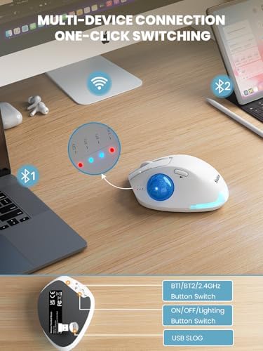Wireless Trackball Mouse, Adjustable Angle Rechargeable Backlit-White Mouse