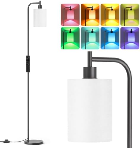 SIBRILLE RGB Floor Lamp with Linen Shade, Dimmable Tall Standing Lamp with Remote Control, Color Changing Floor Lamps for Living Room Bedroom Gaming Room, 9W RGB Bulb Included