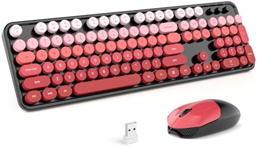 MOFII Wireless Keyboard and Mouse Combo, Full Size 2.4G Plug and Play Typewriter Retro Round Computer Keyboard and Mouse Set for Windows, Computer, Desktop, PC, Notebook - (Black Red Gradient)