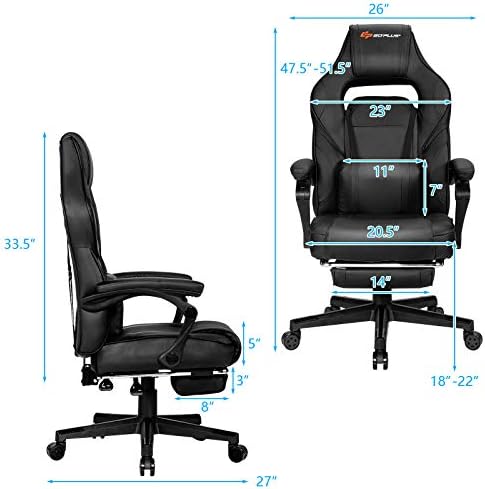 Goplus Massage Gaming Chair, Reclining Backrest, Seat Height Adjustment Racing Computer Office Chair with Footrest, Ergonomic High Back PU Swivel Game Chair (Black)