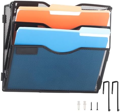 EASEPRES 3 Pocket Mesh Hanging Wall File Organizer with Hangers & Nametag Label, Wall Mounted Mail Paper Document Folder Holder, Clipboard Storage Organization Magazine Rack for Office Cubicle, Black