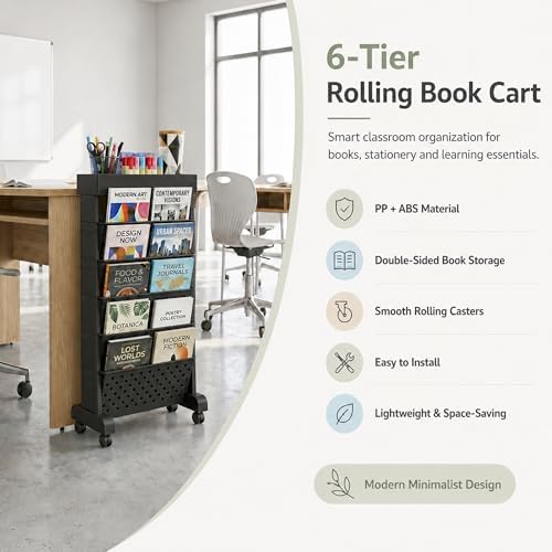 6-Tier Rolling Bookshelf Magazine Rack with Wheels Black